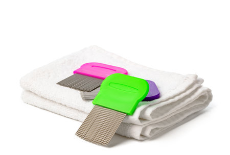 Anti lice combs and towel on white backgroundの写真素材