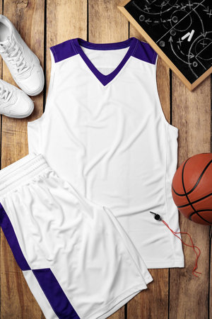 Basketball uniform on wooden background top viewの写真素材