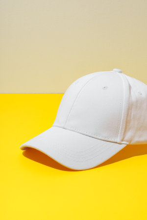 Baseball hat against yellow background in studioの写真素材