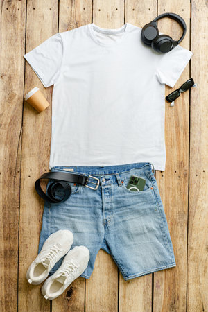 T-shirt with jeans shorts placed on the wooden backgroundの写真素材