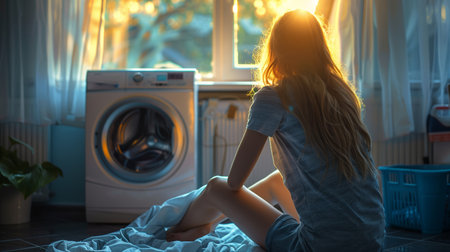 Young Woman Watches Washing Machine Spin Cycle During Serene Sunset At Homeの素材