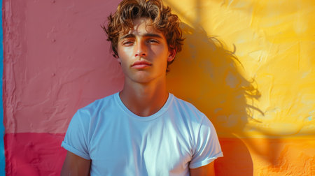 Young Man Posing Against Brightly Colored Wall in Daytime Sunlightの素材