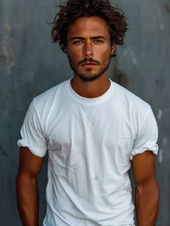 Young Man With White T-Shirt Posing Against Gray Background in Studio Lightingの素材