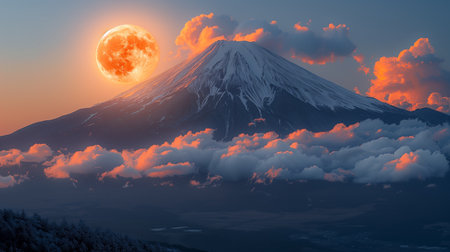 Majestic Mount Illuminated by a Setting Sun and Crescent Moon at Duskの素材
