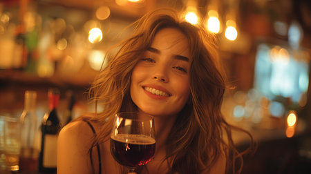 Smiling Woman Enjoying Red Wine in Cozy Evening Bar Ambianceの素材