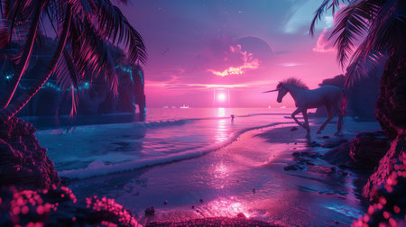 White Unicorn Standing on Top of Sandy Beachの素材
