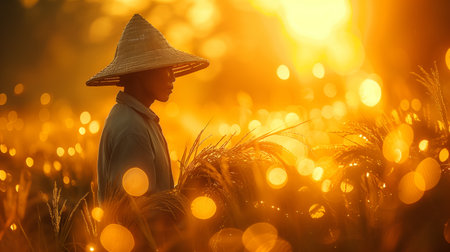 Man in Straw Hat Sitting in Fieldの素材