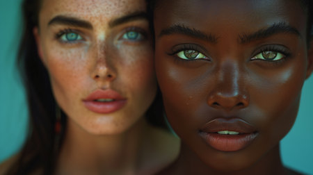 Close Up Portrait of Two Women on blue backgroundの素材