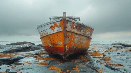 A Weathered Fishing Boat Rests on a Rocky Shore Under a Cloudy Skyの素材