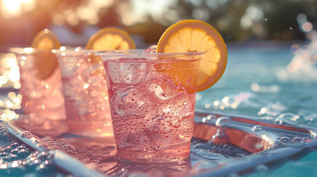 Iced Orange Tea Drinks in Plastic Cups on a Tray With Water Splashesの素材