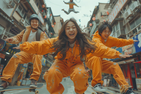 Three Friends Skateboarding Through City Street Portraitの素材