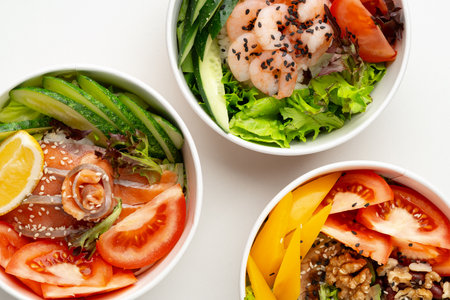 Tasty take out poke bowls isolated on white backgroundの写真素材