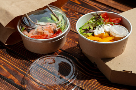 Take out poke bowl on wooden backgroundの写真素材