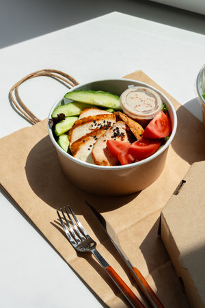 Take out poke bowl with craft bag on white backgroundの写真素材