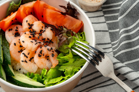 Poke bowl with shrimp on gray cloth close upの写真素材