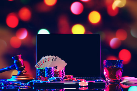 Gavel, Handcuffs, Cards, and Chips Against a Dark Blue Background With Neon Lights
