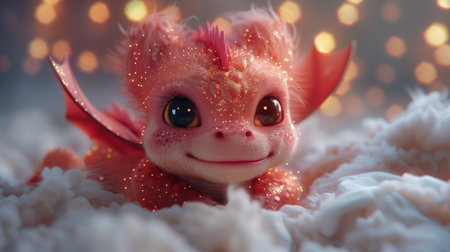 A Pink Dragonlet Rests In A Cloud Of White, With Bokeh Lights In The Backgroundの素材