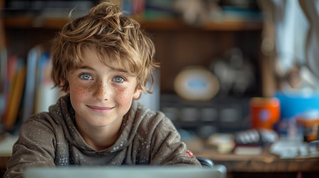 Smiling Young Boy With Freckles Sitting at a Table in a Homeの素材