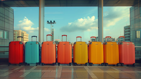 Colorful Suitcases Lined Up in Airport Terminal on a Sunny Dayの素材