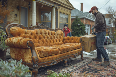 Man Moving Vintage Brown Sofa in Front of Residential Homeの素材