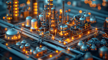 Illuminated Industrial Complex at Nightの素材