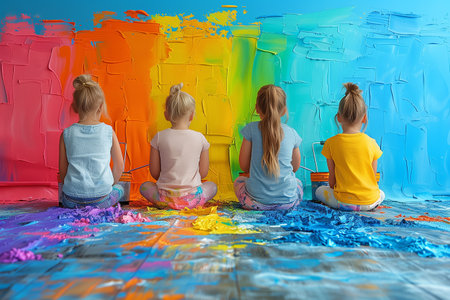 Four Young Girls Painting a Colorful Rainbow Wallの素材
