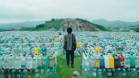 A Man Stands Before A Field Of Plastic Bottles In A Rural Settingの素材