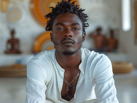 Young Man With Dreadlocks Posing in White Shirt Indoorsの素材