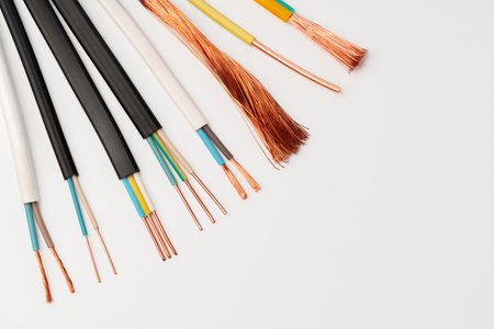 Various Electrical Wires With Exposed Copper Strands on White Background
