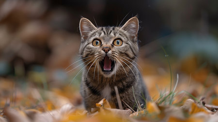 Tabby Cat Yelling in Autumn Leavesの素材