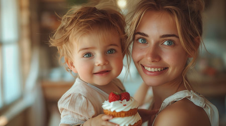 Mother and Daughter Smile Holding Strawberry Cake Togetherの素材