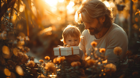 Father and Son Opening Gift in Summer Garden at Sunsetの素材