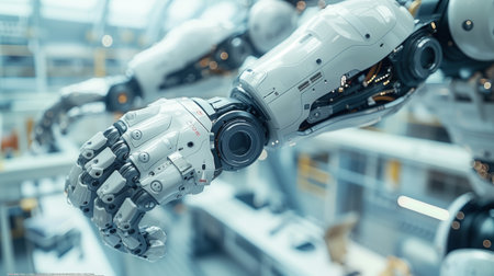 Close-Up of a Robotic Arm Reaching in a Futuristic Factoryの素材