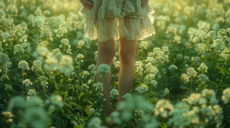 Young Girl Standing in a Field of White Flowers on a Sunny Dayの素材