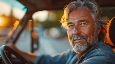 Mature Man Driving a Vehicle at Sunsetの素材