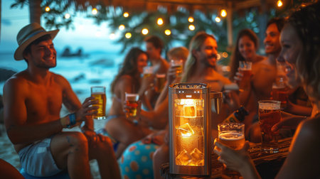 Group Of Friends Enjoying Drinks And Conversation At Beachside Bar In Eveningの素材