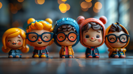 Five Smiling Toy Figures In Front of Bokeh Lightsの素材