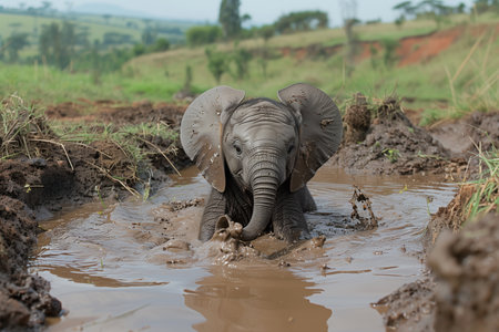 Young Elephant Playing in Muddy Water in African Savannahの素材