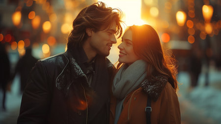 Couple In Love During Golden Hour In A City Settingの素材