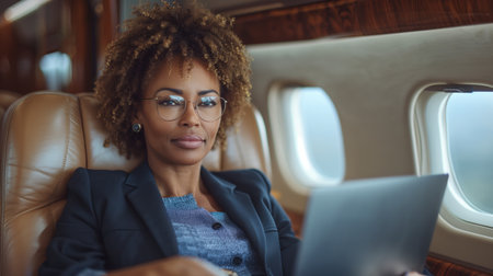 Businesswoman Working On Laptop While Traveling In Private Jetの素材