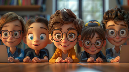 Animated Children Using Laptops In Classroom Settingの素材