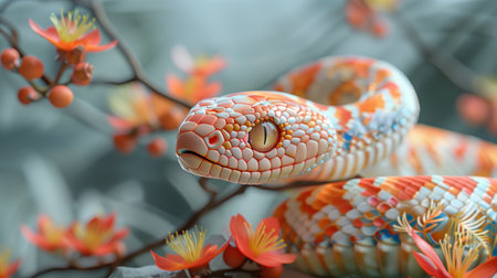 Colorful Snake Posing Among Orange Flowersの素材