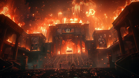 Burning Palace With Figures and Flames at Nightの素材