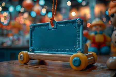 Blue Wooden Toy Wagon With Stars on Display in Toy Storeの素材