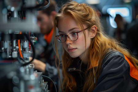 Young Woman Working on Industrial Machinery in a Factory Settingの素材