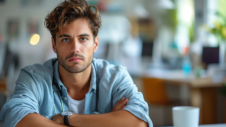 Young Male Doctor Sitting At A Desk In An Officeの素材