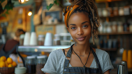 Smiling Woman With Dreads Working at Coffee Shopの素材