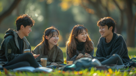 Group of Friends Enjoying Coffee and Conversation in Park on Sunny Dayの素材