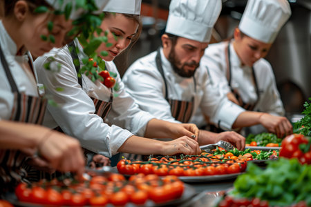 Chefs Preparing Red Tomato Garnish in a Commercial Kitchenの素材