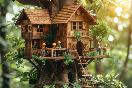 Miniature Workers Constructing a Wooden Treehouse in a Forest Settingの素材